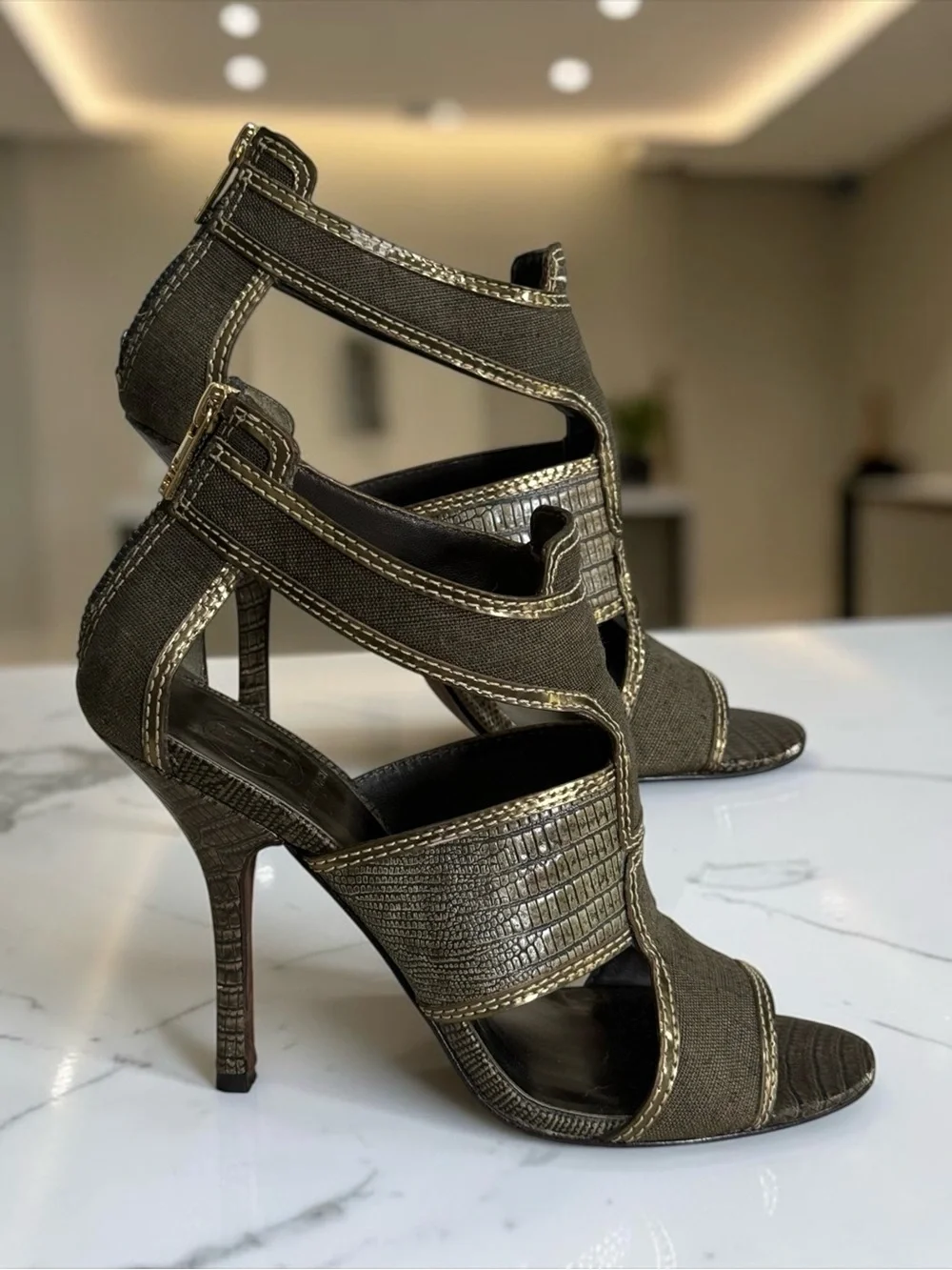 Tory Burch Geoff Caged High Heel Olive Gold Gladiator Sandals! Size 8